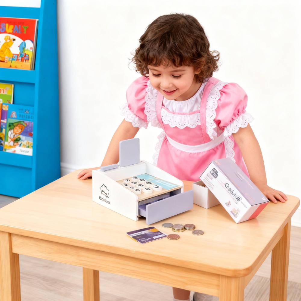 Toy Cash Register - Caixa registradora infantil de madeira, conjunto